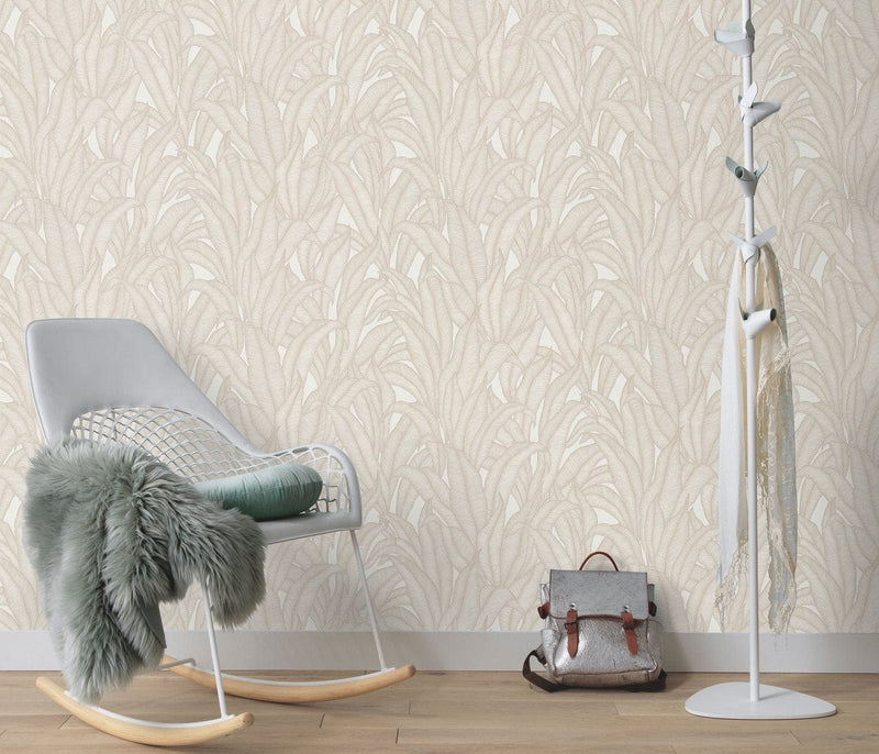 Wallpaper with tropical leaves in cream, Erismann, 3751506 RASCH