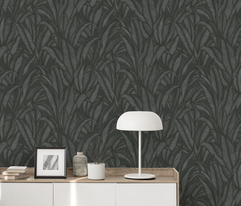 Wallpaper with tropical leaves in black, Erismann, 3751473 RASCH