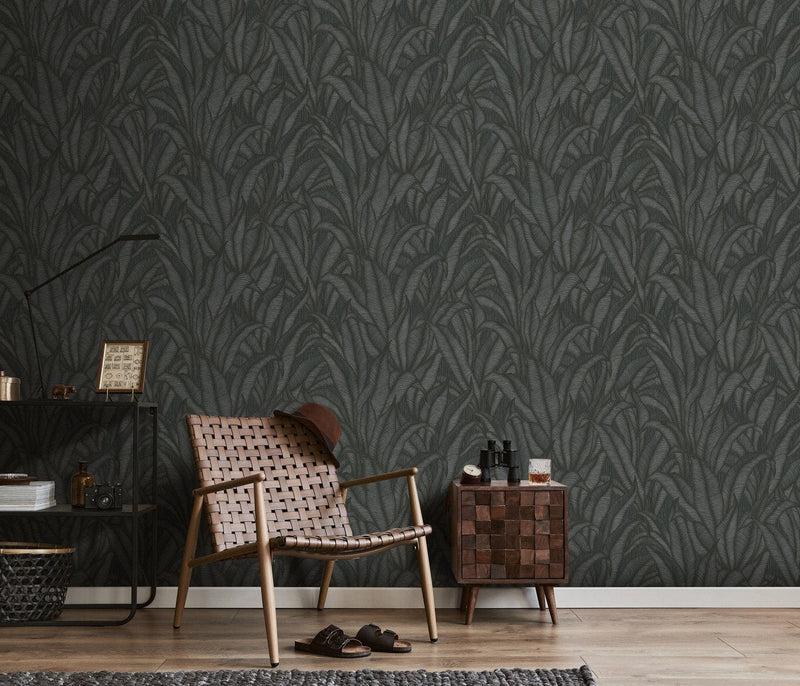 Wallpaper with tropical leaves in black, Erismann, 3751473 RASCH