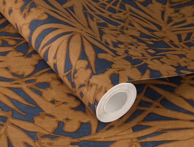 Wallpaper with tropical leaves, orange and blue, RASCH, 1205137 AS Creation