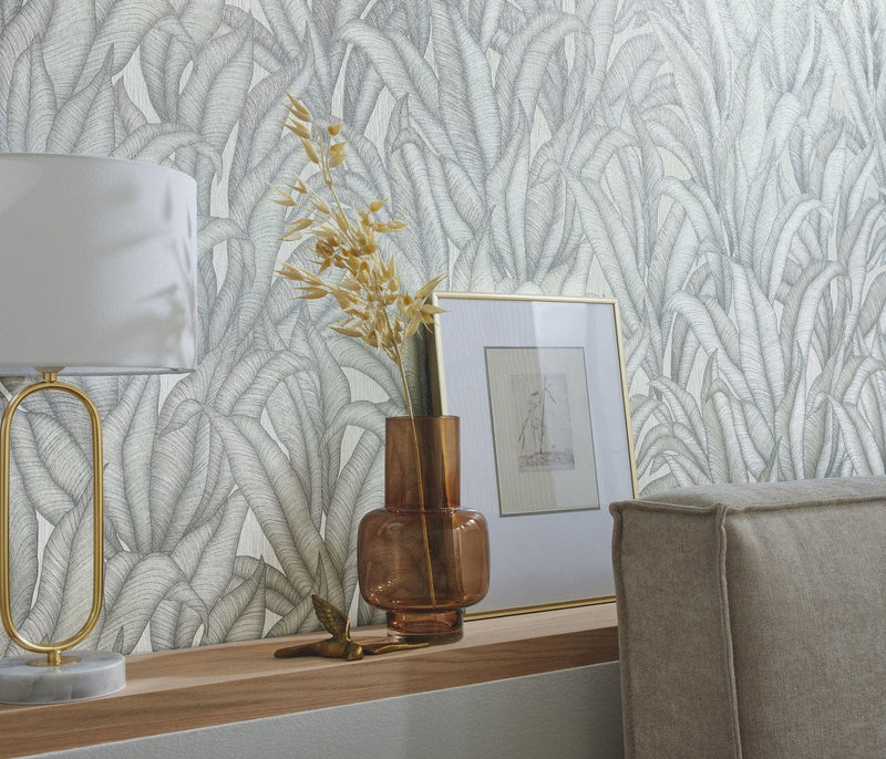 Wallpaper with tropical leaves in silver/grey, Erismann, 3751513 RASCH