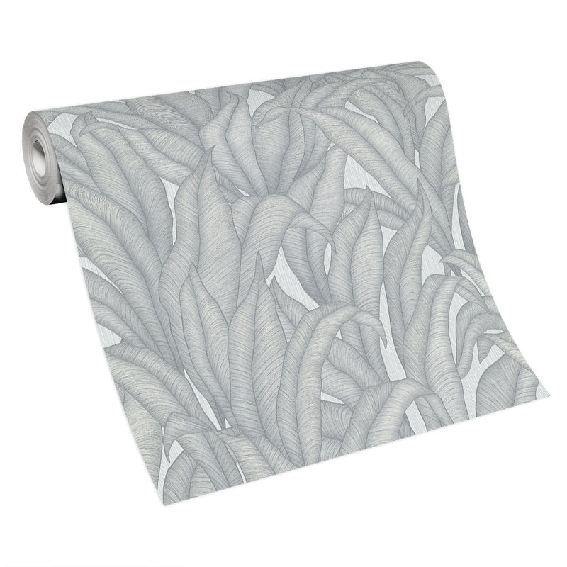 Wallpaper with tropical leaves in silver/grey, Erismann, 3751513 RASCH