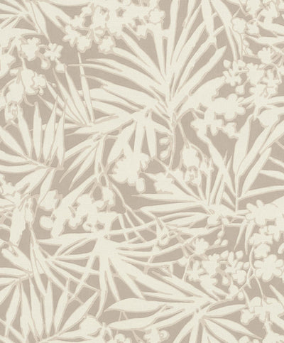 Wallpaper with tropical leaves on textile texture, beige, RASCH, 1205107 AS Creation