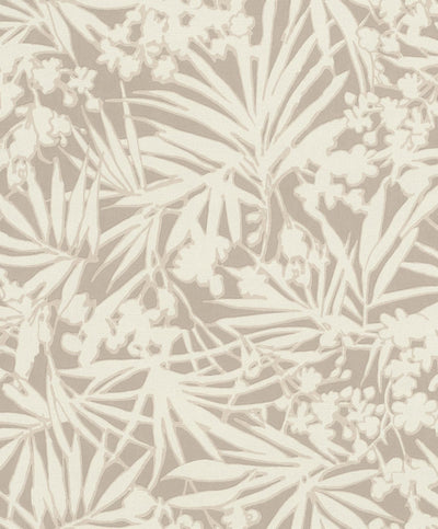 Обои с тропическими листьями на текстильной текстуре, бежевые, RASCH, 1205107 AS Creation