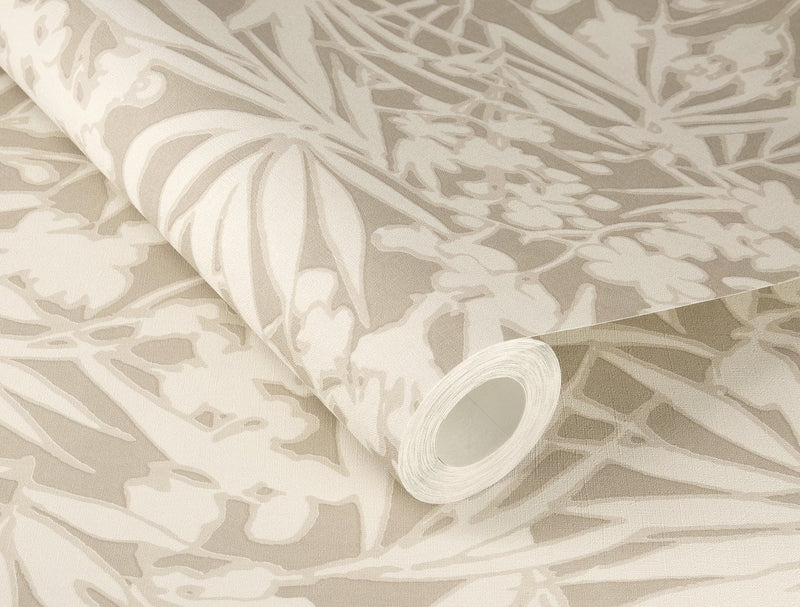 Tapetai su atogrąžų lapais ant tekstilės tekstūros, smėlio spalvos, RASCH, 1205107 AS Creation