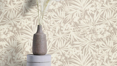 Wallpaper with tropical leaves on textile texture, beige, RASCH, 1205107 AS Creation