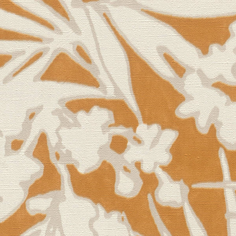 Обои с тропическими листьями на текстильной текстуре, оранжевый и кремовый, RASCH, 1205130 AS Creation