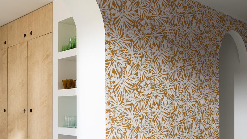 Wallpaper with tropical leaves on textile texture, orange and cream, RASCH, 1205130 AS Creation