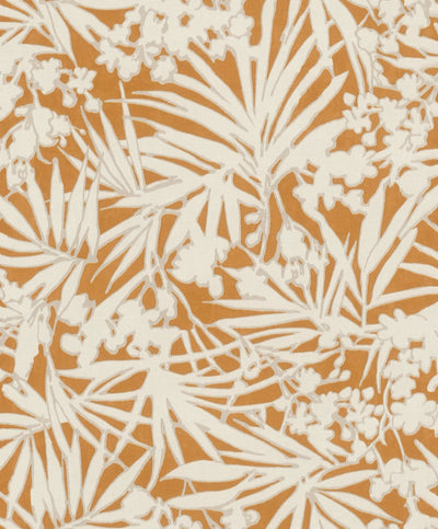 Wallpaper with tropical leaves on textile texture, orange and cream, RASCH, 1205130 AS Creation