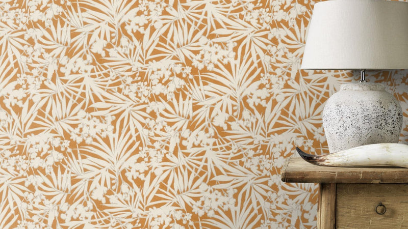 Wallpaper with tropical leaves on textile texture, orange and cream, RASCH, 1205130 AS Creation