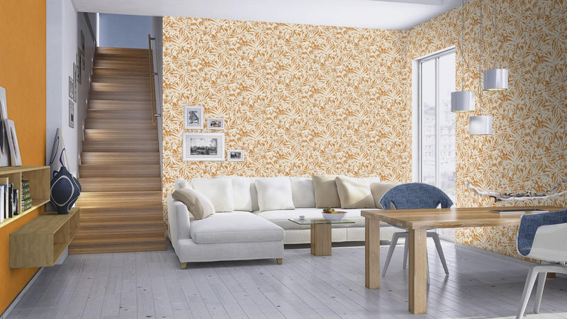 Tapetai su atogrąžų lapais ant tekstilės tekstūros, oranžinės ir kreminės spalvos, RASCH, 1205130 AS Creation