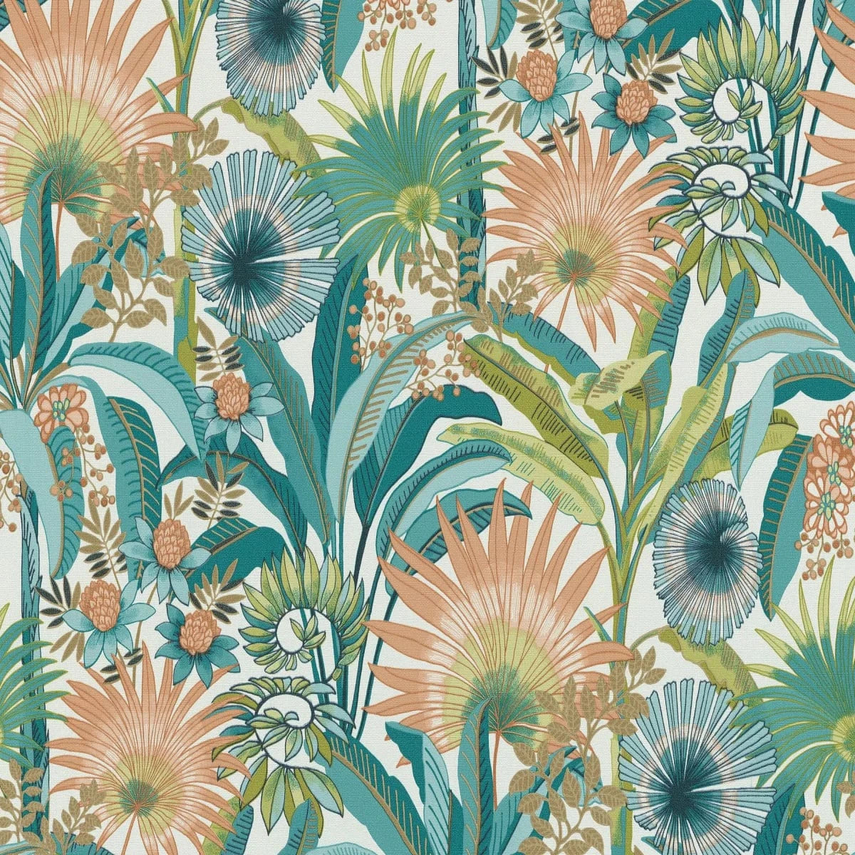 Tapetes ar tirkīza lapām uz balta fona – tropisks akcents gaišam interjeram Erismann