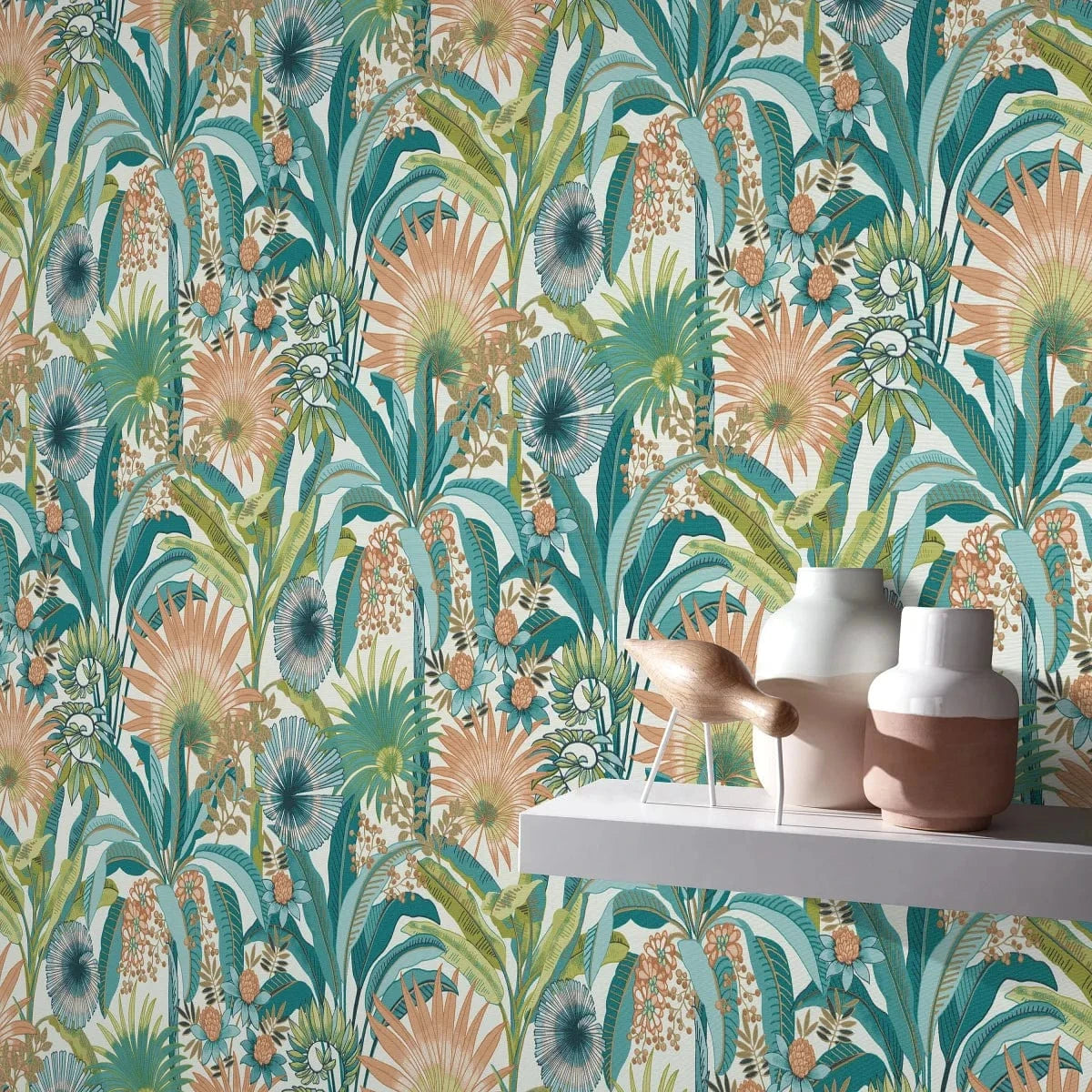 Tapetes ar tirkīza lapām uz balta fona – tropisks akcents gaišam interjeram Erismann