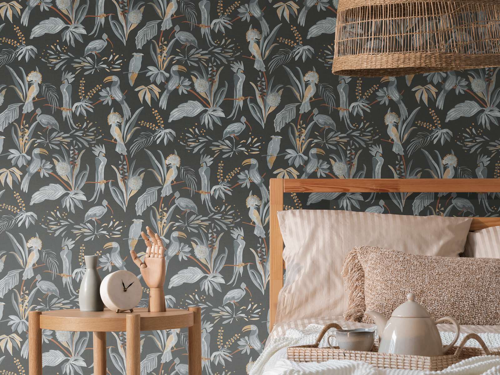 Tapetes ar tropu augiem un putniem, lina izskats: melnā, 388983 AS Creation