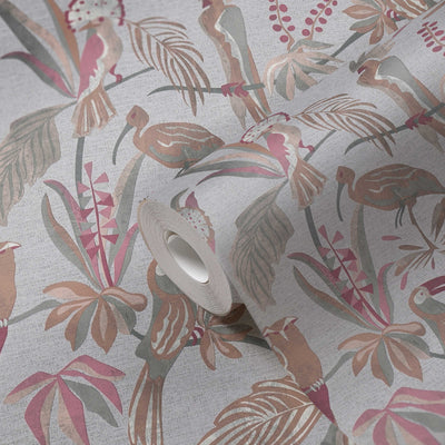 Wallpaper with tropical plants and birds, linen look: gray, 388981 AS Creation