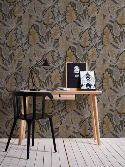 Tropical leaves wallpaper in graphic design: brown, grey, 1400367 AS Creation