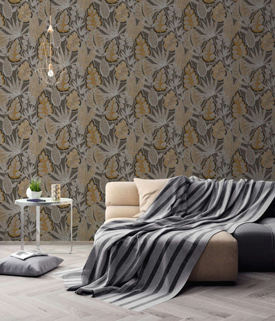 Tropical leaves wallpaper in graphic design: brown, grey, 1400367 AS Creation