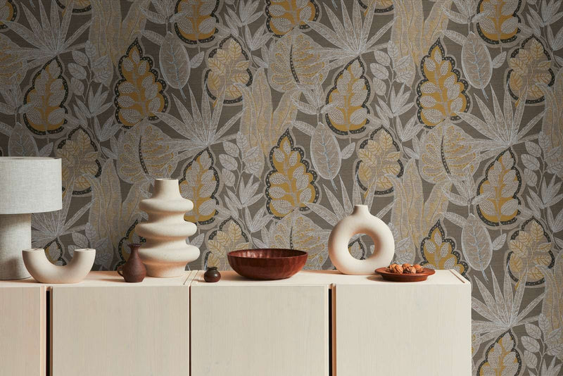 Tropical leaves wallpaper in graphic design: brown, grey, 1400367 AS Creation