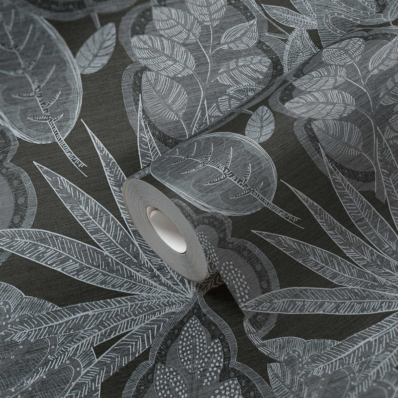 Wallpaper with tropical leaves in graphic design: black, 1400365 AS Creation