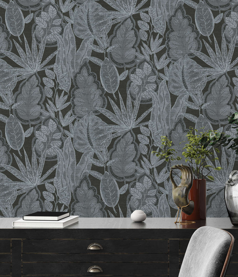 Wallpaper with tropical leaves in graphic design: black, 1400365 AS Creation