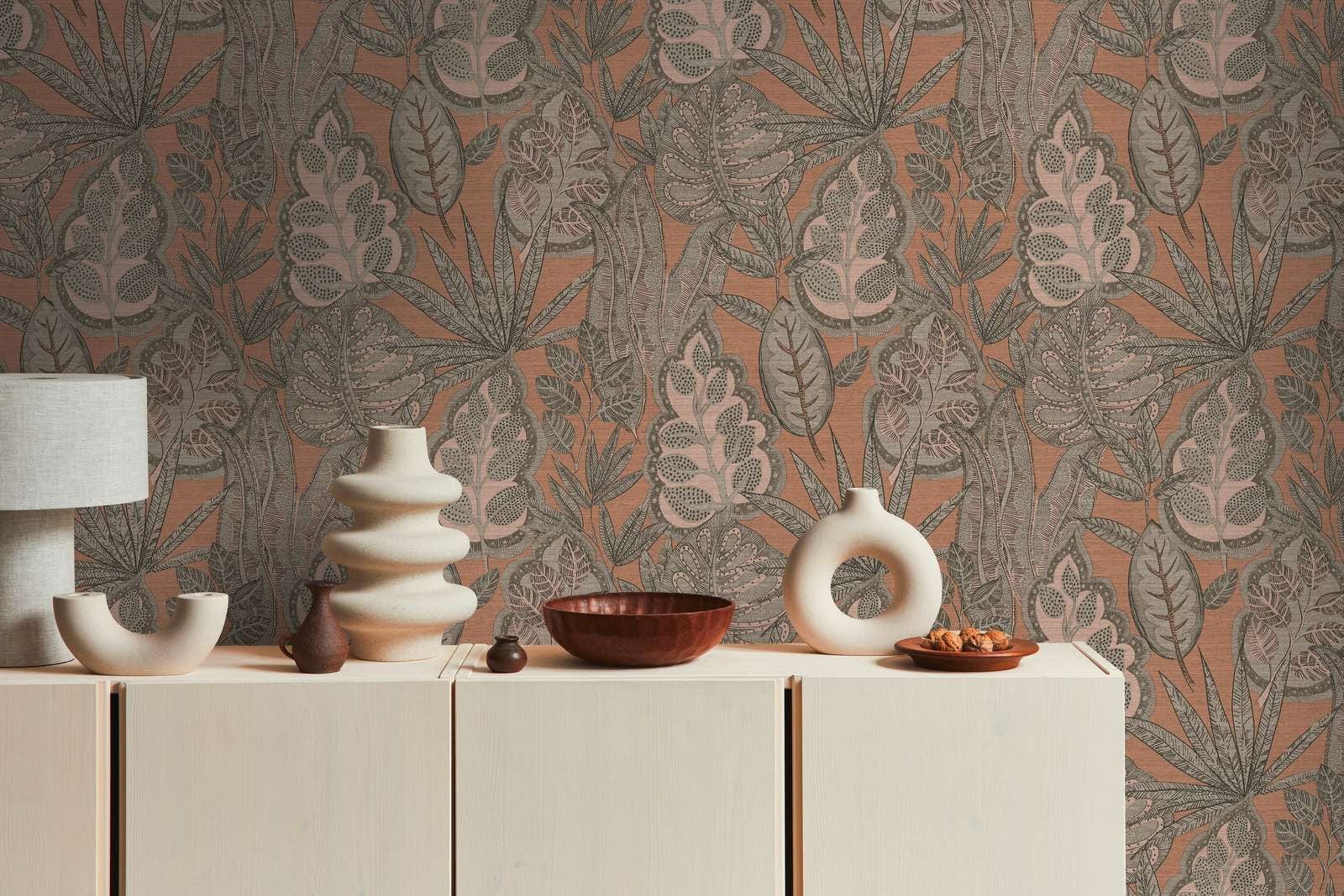 Tapetes ar tropu lapām grafiskajā dizainā: oranža, brūna, 393462 AS Creation