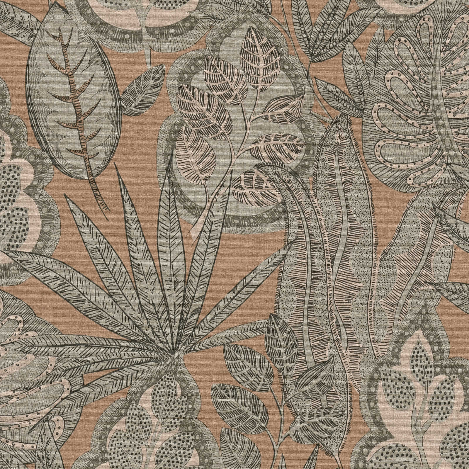 Tapetes ar tropu lapām grafiskajā dizainā: oranža, brūna, 393462 AS Creation