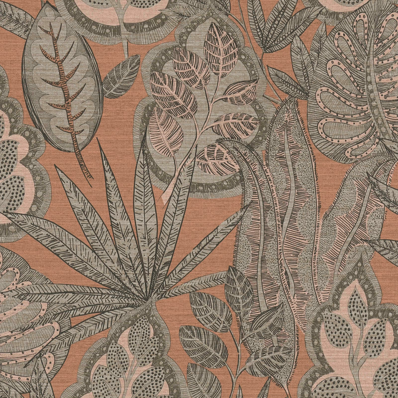 Wallpaper with tropical leaves in graphic design: orange, brown, 1400366 AS Creation