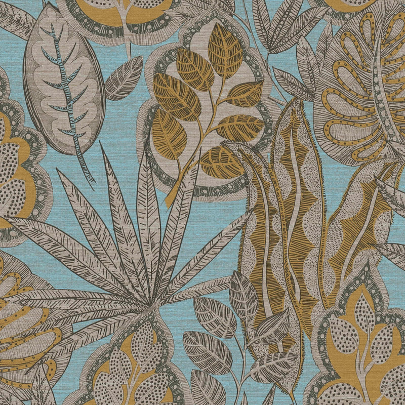 Обои с тропическими листьями в графическом дизайне: бирюзовый, коричневый, 1400370 AS Creation