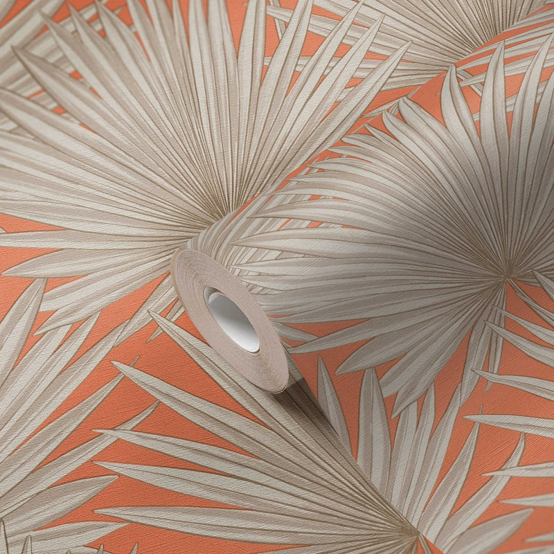 Wallpaper with tropical leaves in orange and grey, 1373367 AS Creation