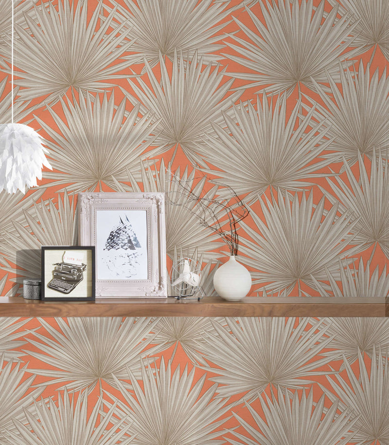 Wallpaper with tropical leaves in orange and grey, 1373367 AS Creation