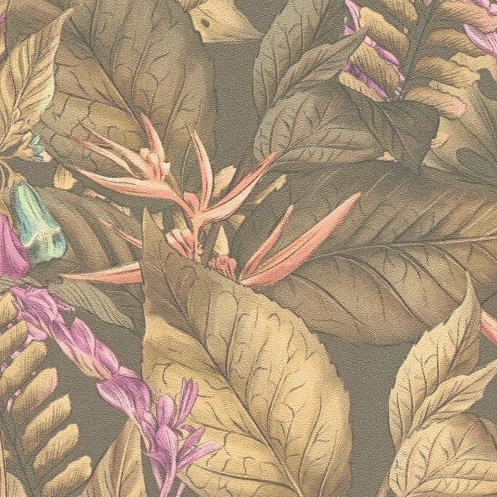 Tapetes ar tropu lapām un ziediem: brūnā, violetā, AS Creation 394253 AS Creation