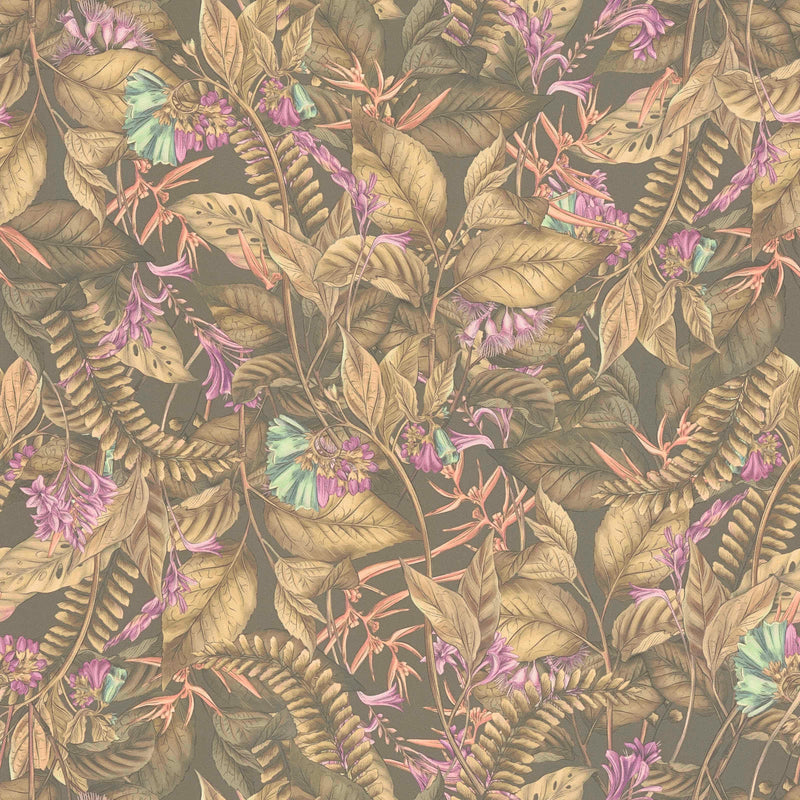 Atogrąžų lapai ir gėlės tapetai: ruda, violetinė, 1402015 AS Creation