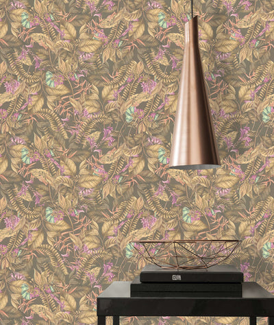 Tropical leaves and flowers wallpaper: brown, purple, 1402015 AS Creation