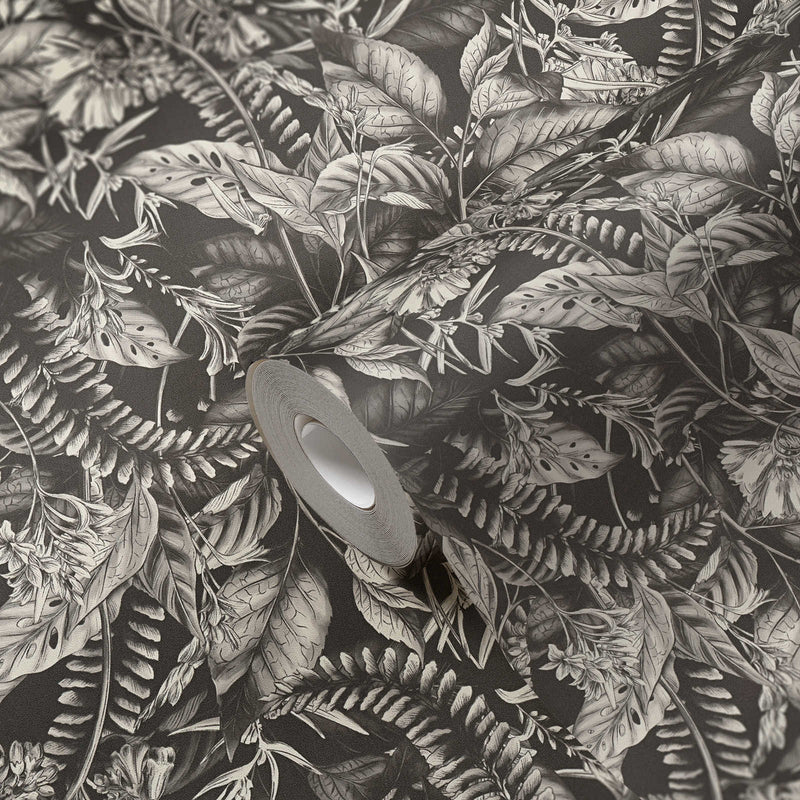 Tropical leaves and flowers wallpaper: black and white, 1402014 AS Creation