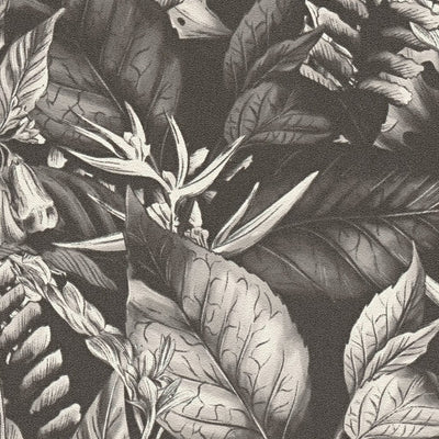 Tropical leaves and flowers wallpaper: black and white, 1402014 AS Creation