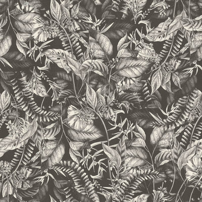 Tapetes ar tropu lapām un ziediem: melnbaltas, 1402014 AS Creation
