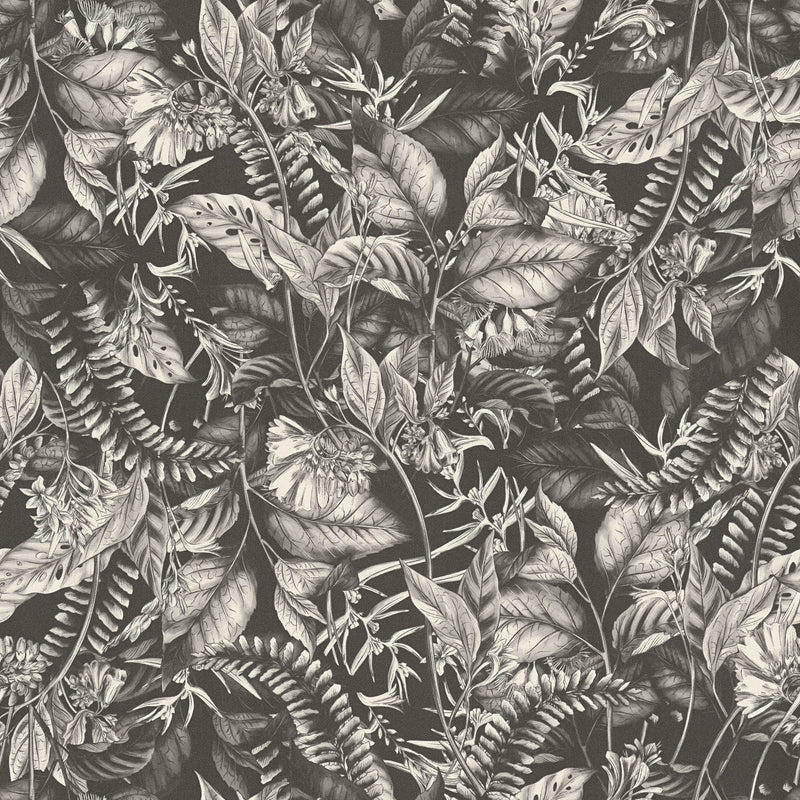 Tropical leaves and flowers wallpaper: black and white, 1402014 AS Creation