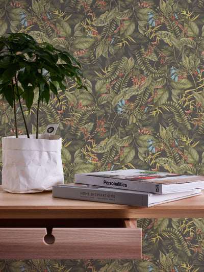 Wallpaper with tropical leaves and flowers: green, 1402013 AS Creation