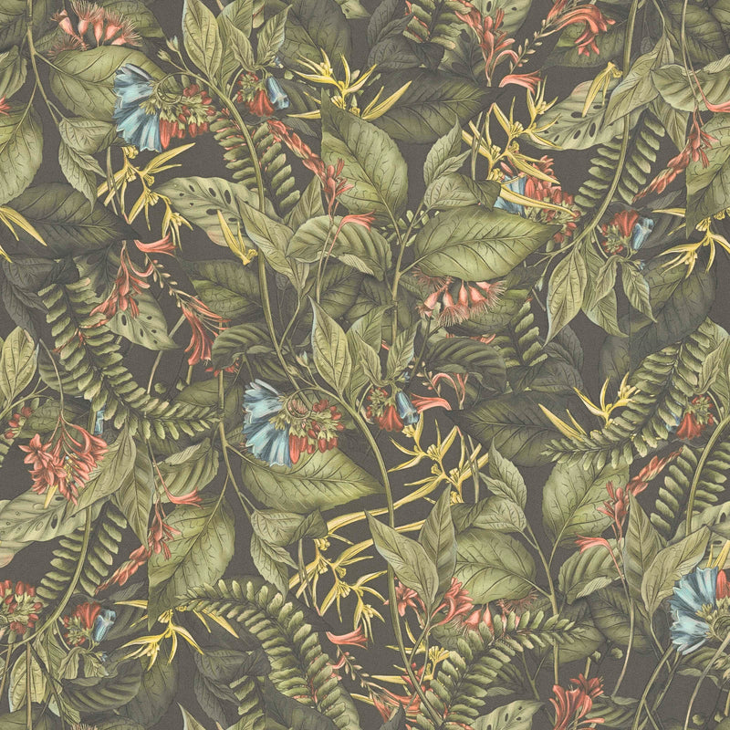 Wallpaper with tropical leaves and flowers: green, 1402013 AS Creation