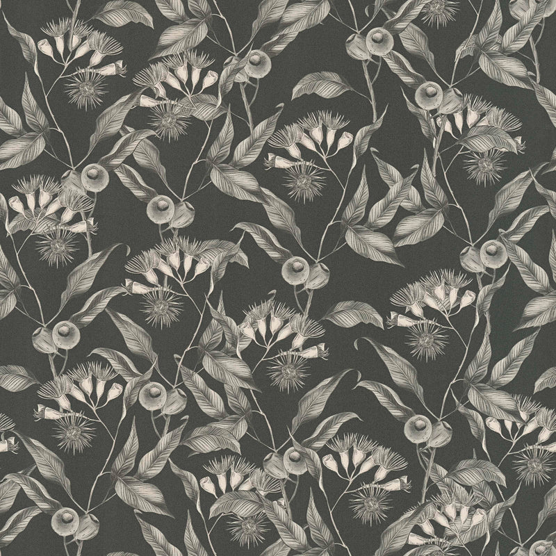 Wallpaper with tropical flowers and leaves: grey and black, 1402076 AS Creation