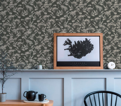 Wallpaper with tropical flowers and leaves: grey and black, 1402076 AS Creation