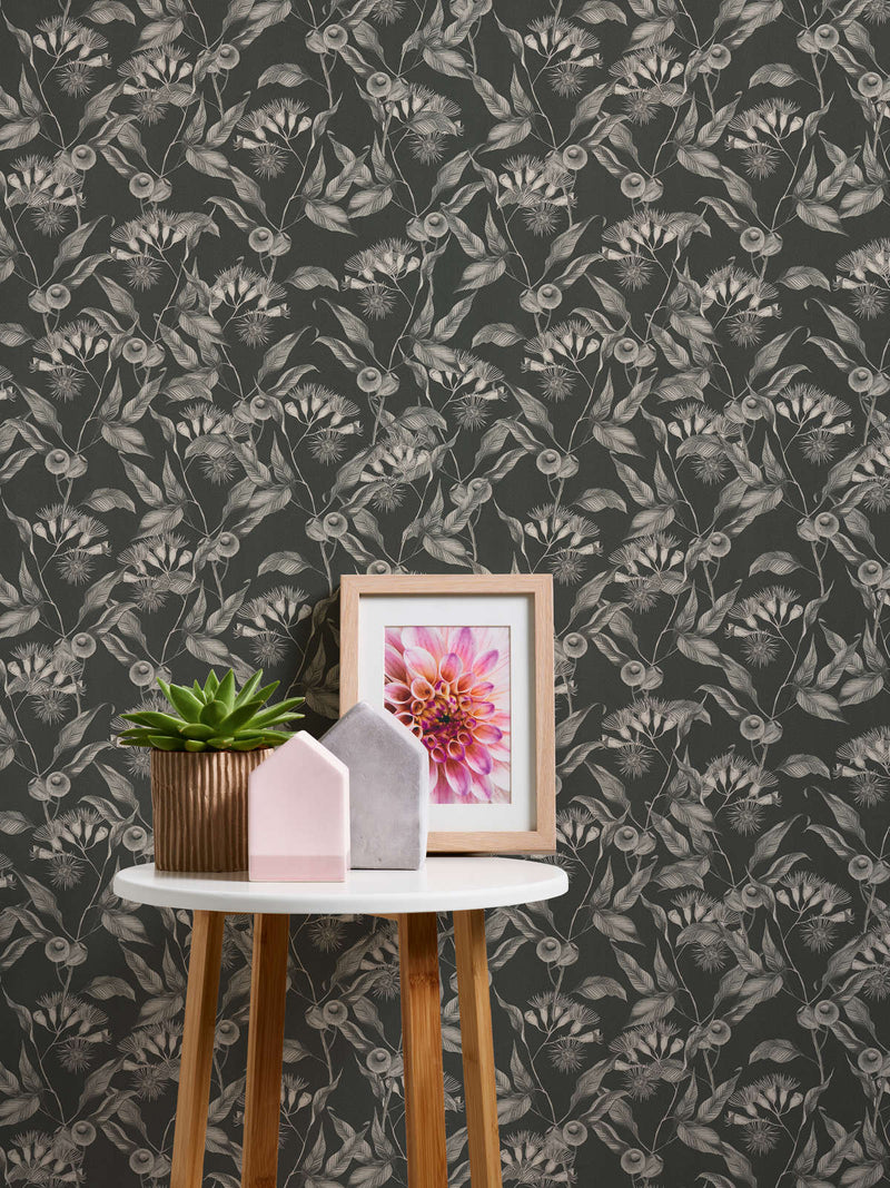 Wallpaper with tropical flowers and leaves: grey and black, 1402076 AS Creation