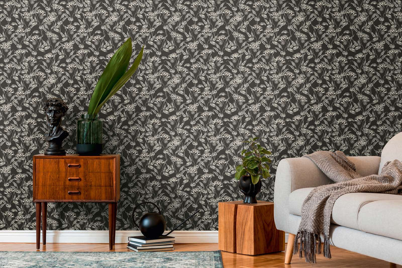Wallpaper with tropical flowers and leaves: grey and black, 1402076 AS Creation