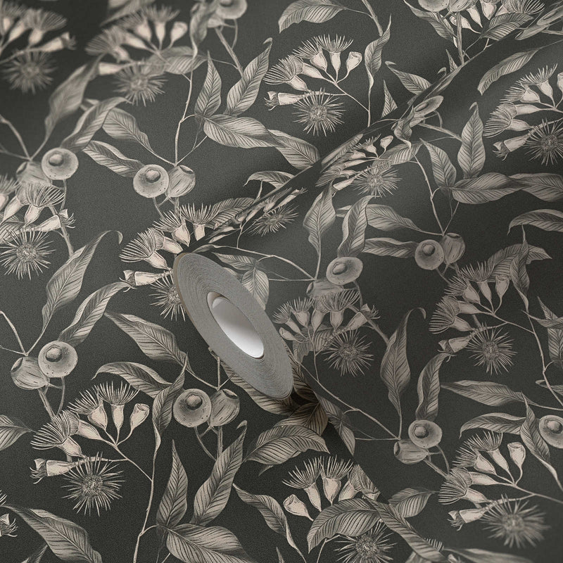 Wallpaper with tropical flowers and leaves: grey and black, 1402076 AS Creation