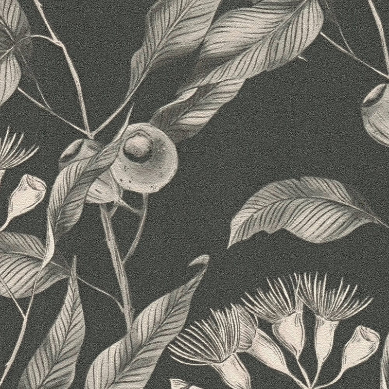 Wallpaper with tropical flowers and leaves: grey and black, 1402076 AS Creation