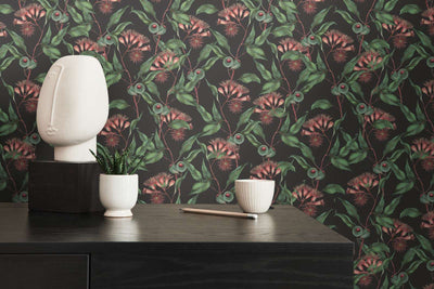 Tropical flowers and leaves wallpaper in green and black, 1402075 AS Creation