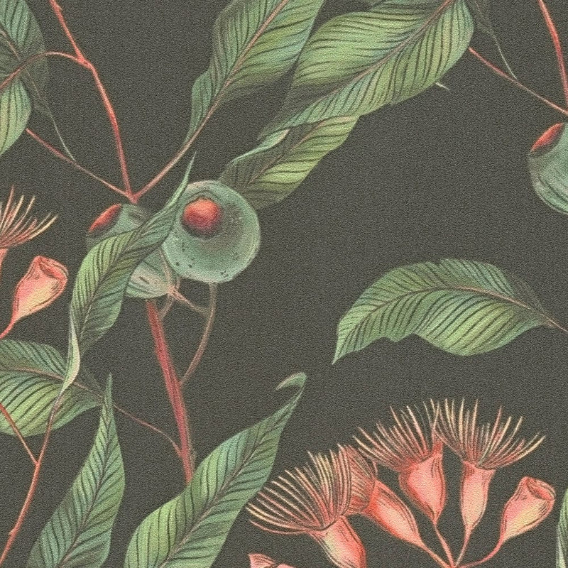 Tropical flowers and leaves wallpaper in green and black, 1402075 AS Creation
