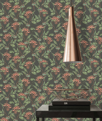 Tropical flowers and leaves wallpaper in green and black, 1402075 AS Creation