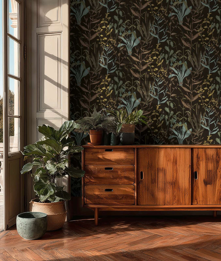 Tapetes ar augu ilustrāciju - melna, zaļa, brūna - 3007116 AS Creation