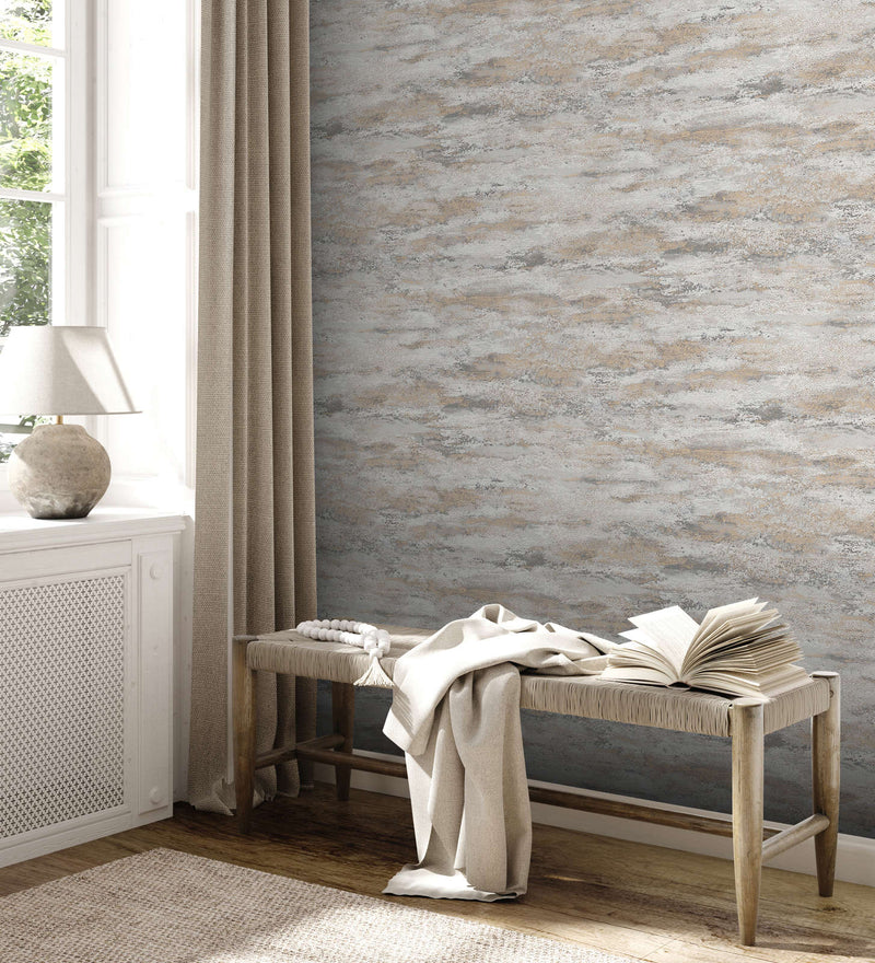 Wallpaper with light wavy pattern and shimmer: cream, grey, gold, 1372417 AS Creation